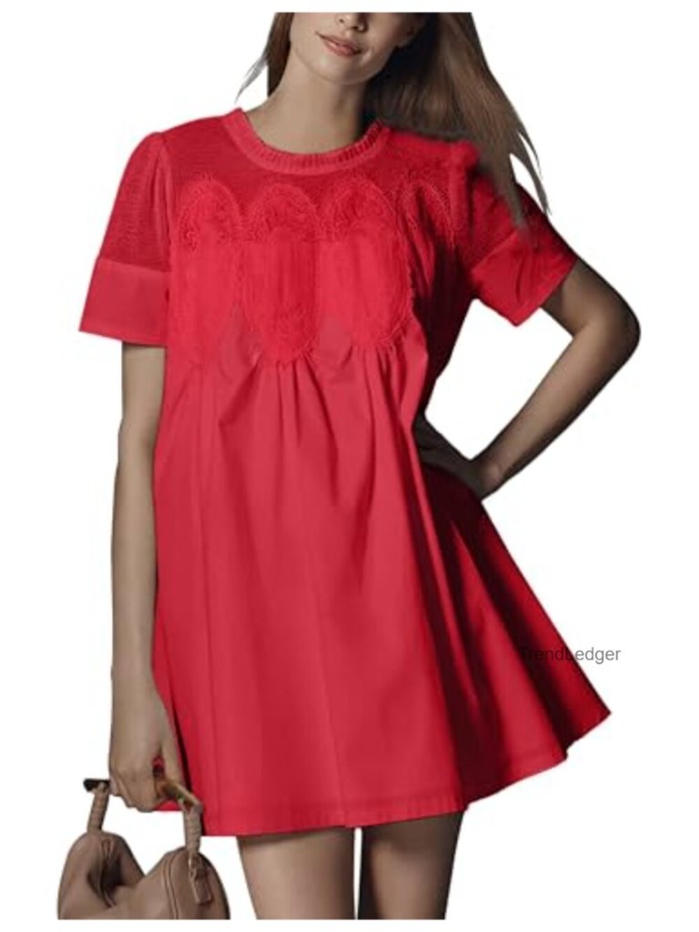 Womens Lace Babydoll Mini Dress Short Sleeve Sundress